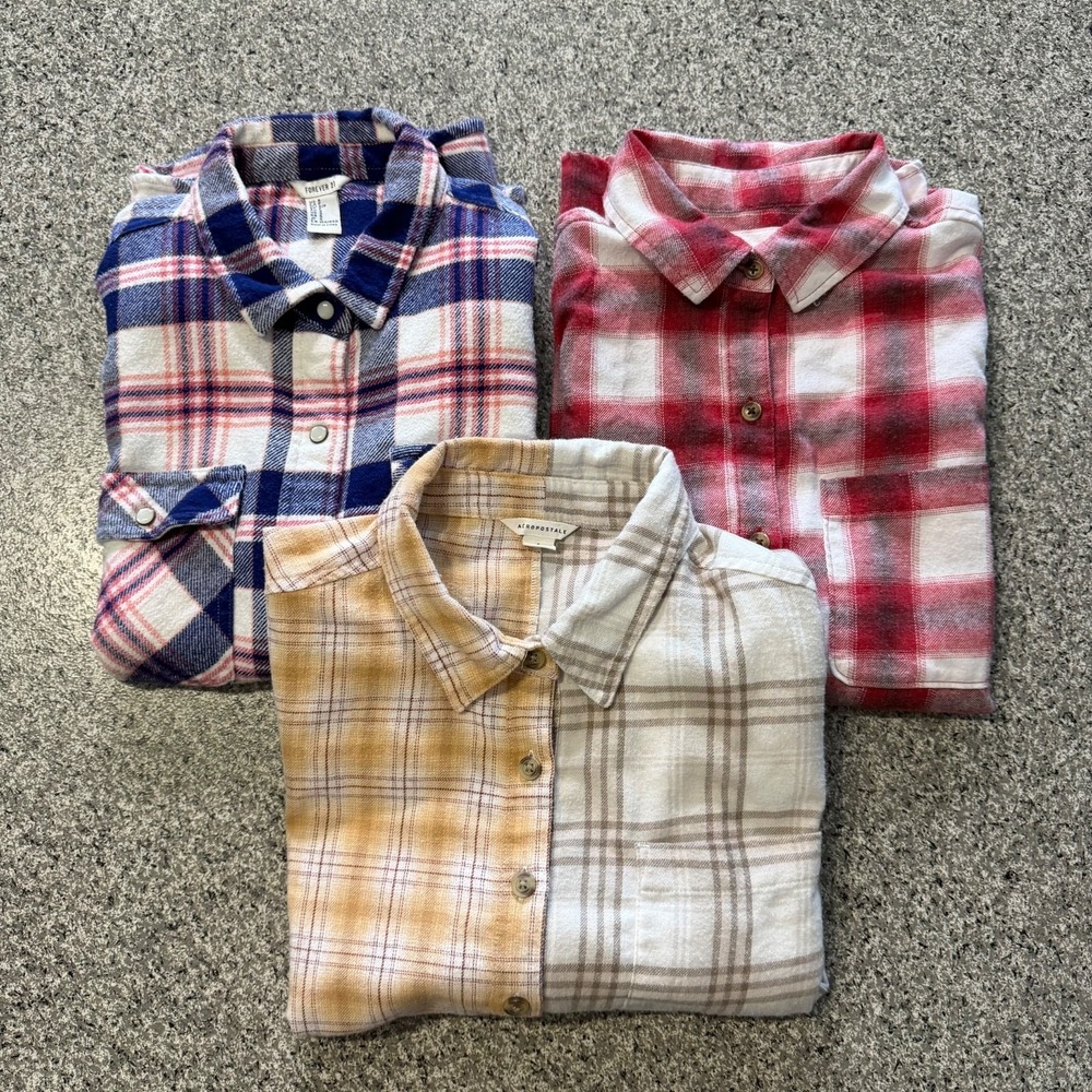 Aeropostale Forever 21 Shirts Womens S Long Sleeve Button Up Flannel Plaid Snap